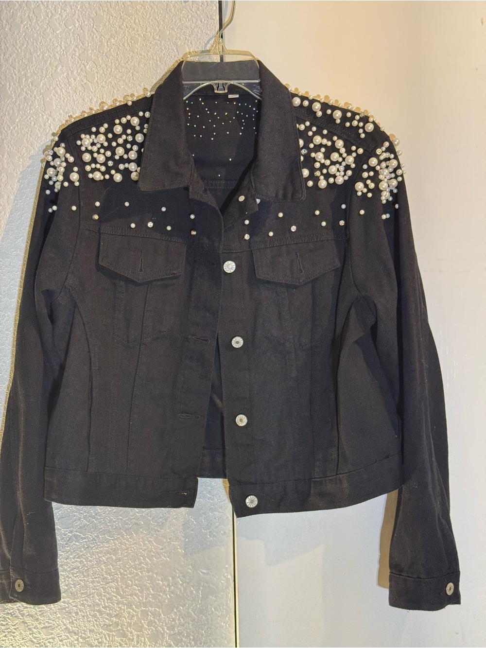 Black Pearl-Embellished Denim Jacket